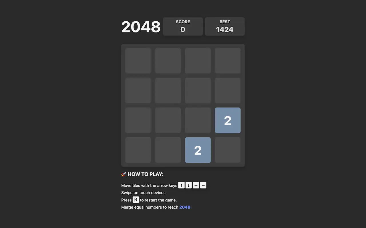 Screenshot of 2048 puzzle game showing different tiles that can be merged