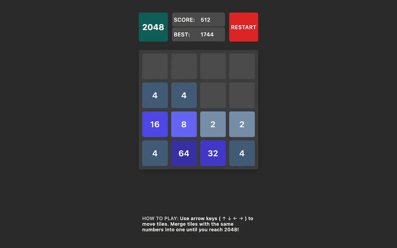 Screenshot of 2048 mini-game showcasing different tiles that can be merged