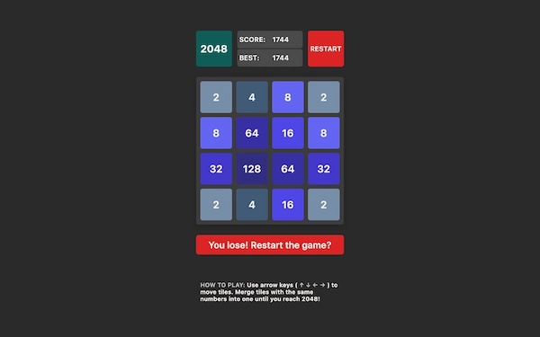 Screenshot of the 2048 mini-game showcasing different tiles that can be merged