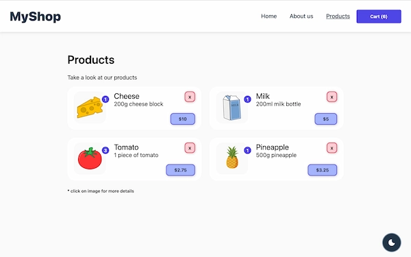 Screenshot of the MyShop grocery application homepage